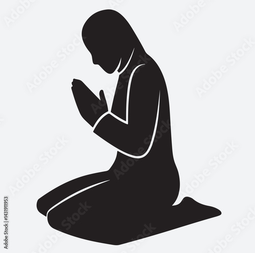 a person in the prayer position for salah silhouette vector art illustration