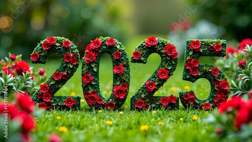 Numbers 2025 made of green plants and flowers, nature theme