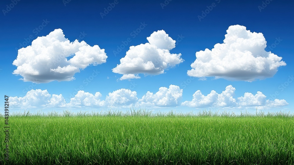 Bright and cheerful spring landscape with lush green grass and fluffy white clouds under a clear blue sky inviting tranquility and fresh beginnings Bright and cheerful spring landscape with lush green grass and fluffy white clouds under a clear blue sky inviting tranquility and fresh beginnings