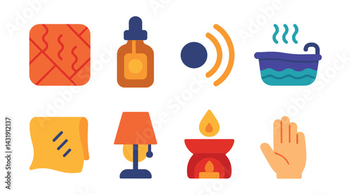  icons of sensory self-care: cozy blanket texture, calming scent bottle, soothing sound waves, warm bathwater icon, soft fabric icon, low lighting setup, aromatherapy symbol, touch relaxation cue.