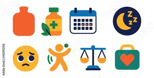  icons of menstrual and cycle self-care: hot water bottle icon, herbal remedy symbol, cycle tracking calendar, rest day badge, mood shift awareness, gentle movement symbol, hormone balance icon