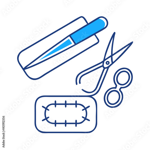 Surgical suture, needle holder, and scissors vector illustration