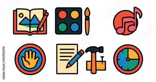 Flat vector icons of creative self-care: art journaling icon, painting set, music for joy, crafting badge, poetry writing symbol, DIY project icon, expression through color, creative time tracker.