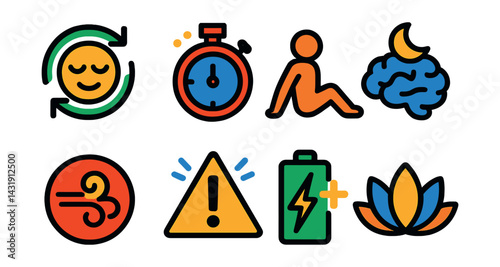 icons of self-care for stress recovery: emotional reset icon, micro-break timer, muscle relaxation pose, brain rest icon, deep exhale badge, overstimulation warning, recharge moment