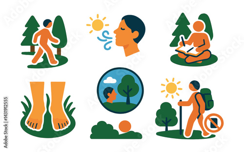 icons of outdoor and nature-based self-care: nature walk symbol, fresh air breathing, outdoor journal time, grounding barefoot icon, tree gaze badge, sun soak moment, green space visit