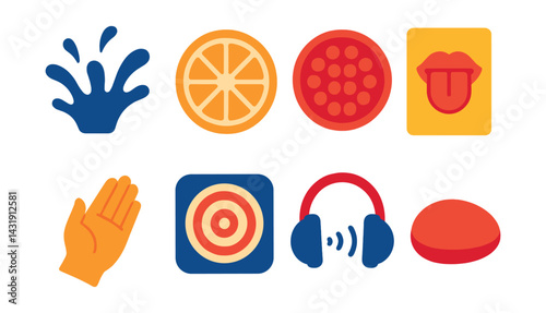 Flat vector icons of creative self-care: art journaling icon, painting set, music for joy, crafting badge, poetry writing symbol, DIY project icon, expression through color, creative time tracker.