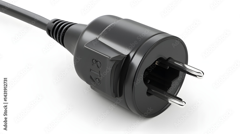 A close-up view of a black electrical plug showcasing its three prongs, ideal for power connections. A close-up view of a black electrical plug showcasing its three prongs, ideal for power connections.