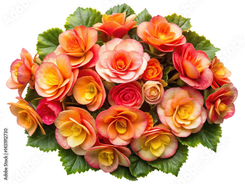 Beautiful bouquet of orange, yellow and pink tuberous begonias with green leaves