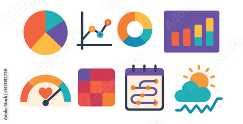 icons of self-care visualization tools: self-care pie chart, emotion trend map, energy use circle, habit rhythm graph, self-love meter, care zone heatmap, weekly flow diagram, mood forecast icon.