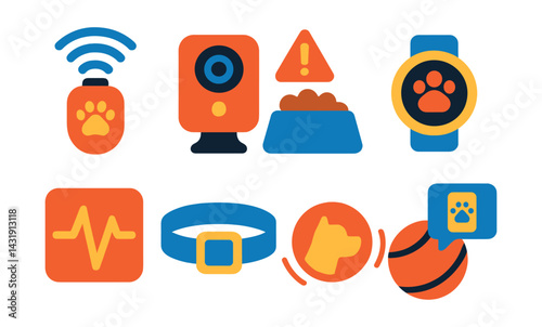 Flat vector icons of pet monitoring and tech: GPS tracker, smart pet camera, feeding alert icon, activity monitor, health tracker, digital collar, lost pet signal, app-connected toy.