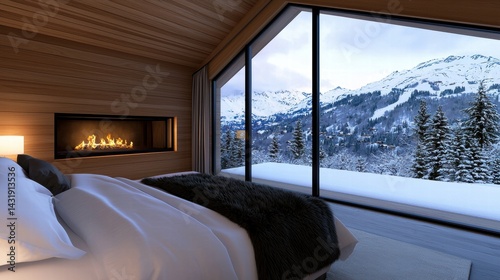 Ski chalet with fur throws and a crackling fireplace