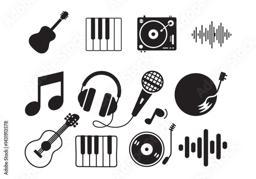 Musical icons set headphones, guitar, piano keys, microphone, vinyl, notes, turntable, soundwave