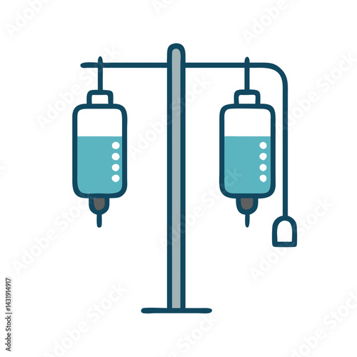 Hospital IV drip stand with two saline bags