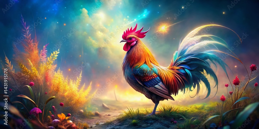 Fototapeta premium Surreal Rooster: Floating Feathers and Dreamlike Landscape