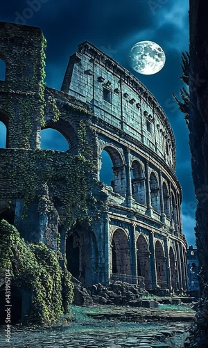 Ancient Roman Colosseum Ruins Under Moonlight Surrounded by Lush Greenery at Night