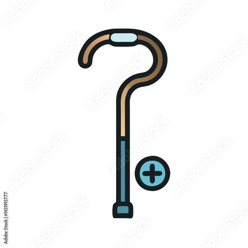 Walking cane plus icon, medical accessibility symbol design