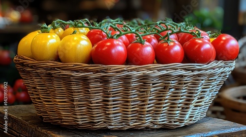 A Rustic Basket Overflowing with Vibrant Red and Yellow Tomatoes