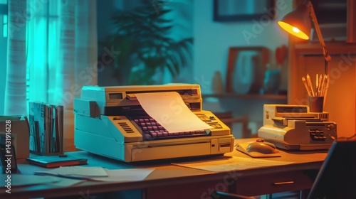111. Retro office with fax machine spitting out glowing paper