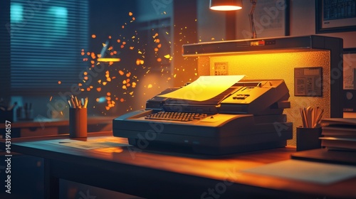 111. Retro office with fax machine spitting out glowing paper