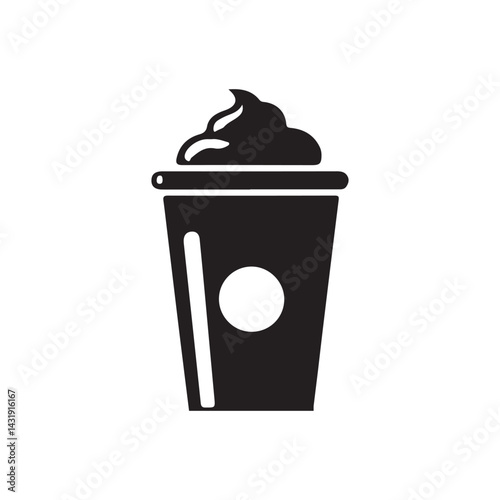 Simple black and white graphic of a takeaway coffee cup with whipped cream.A solid black and white graphic of a disposable coffee cup filled with a beverage topped with whipped cream.