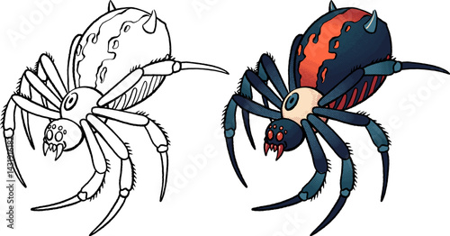 Aggressive mutant spider with sharp fangs and armored body, comic horror style, bold colors, isolated on white background