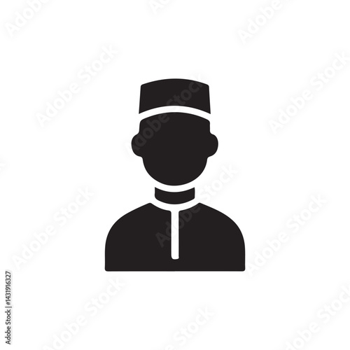 Silhouette of a Muslim Man in Traditional Clothing.A simple, black silhouette of a man wearing a traditional Muslim cap (or kufi) and a long-sleeved garment.