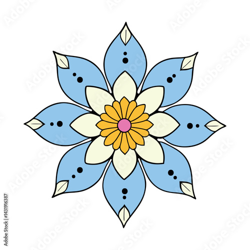 Blue Indian Flower Floral Stylized Botanical Tropical Petal Illustration