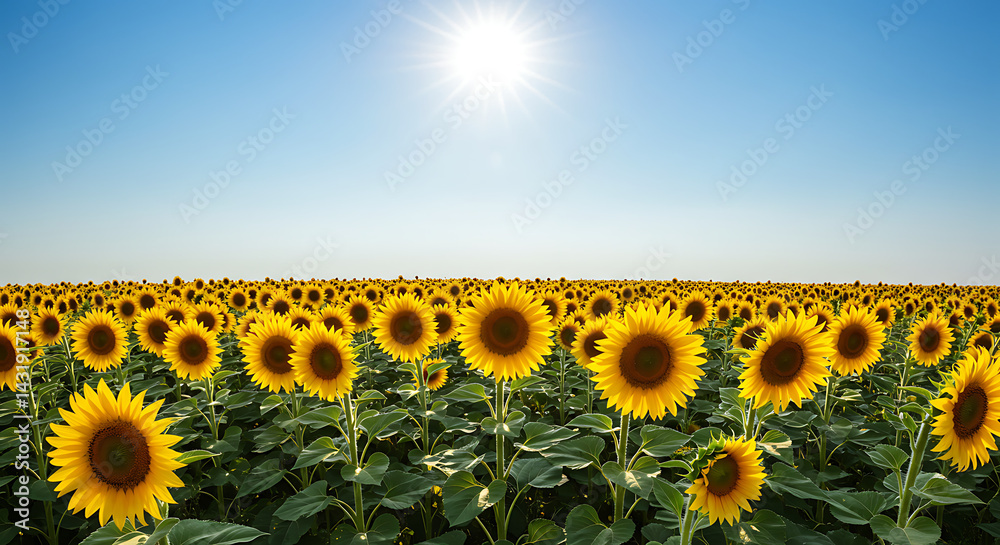 Obraz premium Vibrant Sunflower Field under Sunny Sky A Breathtaking Summer Landscape