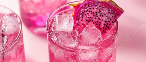 Vibrant pink dragon fruit cocktail garnished with fresh slice summer setting
