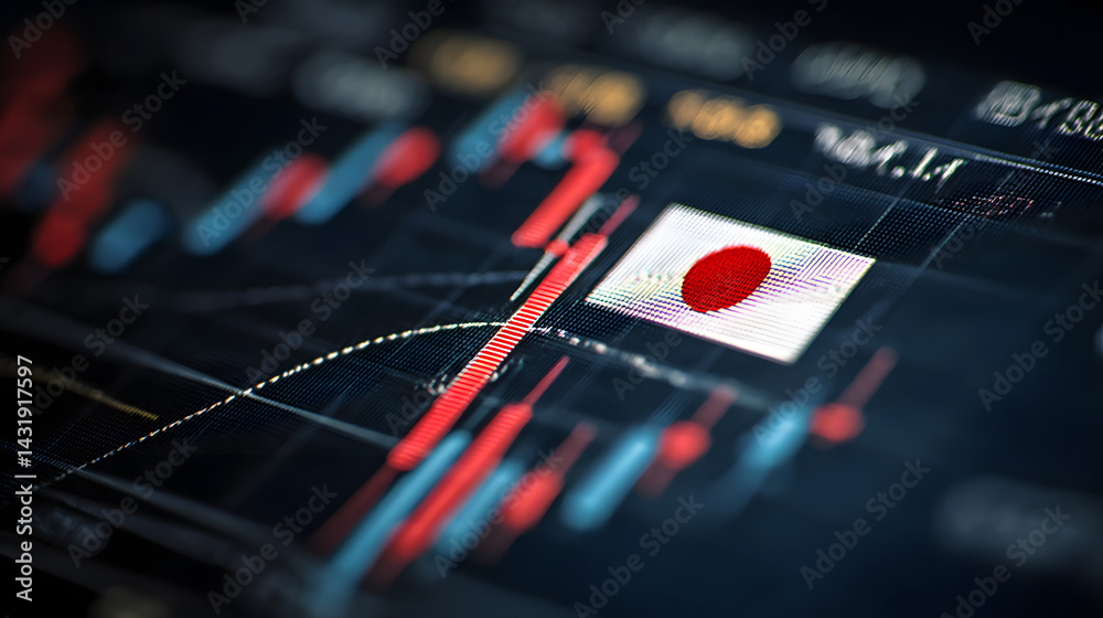 Obraz premium Close-up of a digital stock market graph with the flag of Japan, showcasing financial data and trends.