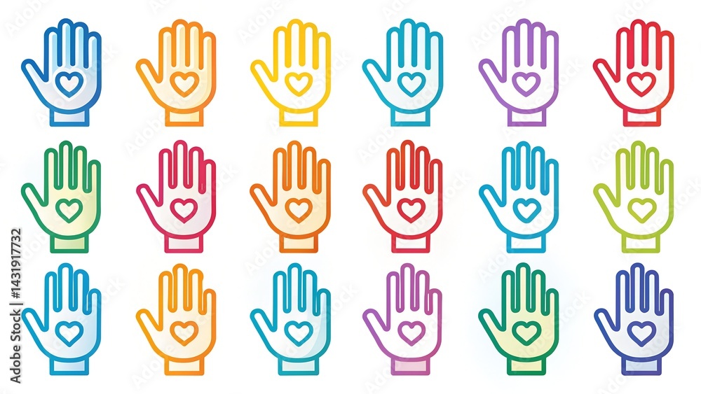 Fototapeta premium handprint pattern on white background. colored human handprints. color pattern. collection of colored hands as icons for web design