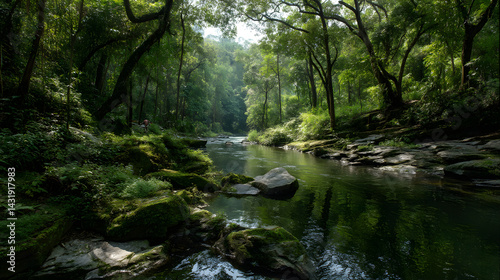 Serene view of a lush green forest along a tranquil river, showcasing nature's beauty in the early morning light.