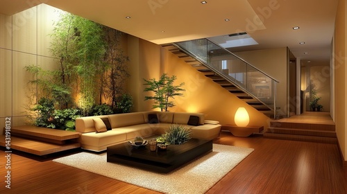 Modern, airy living room with a zen garden aesthetic.
