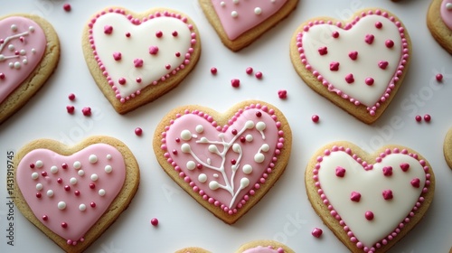 Heart-shaped cookies decorated with pink and white icing, sprinkles, and delicate designs