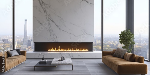 A modern living room featuring a sleek fireplace and large windows. This design combines elegance with comfort. Perfect for interior design inspiration and cozy gatherings. AI