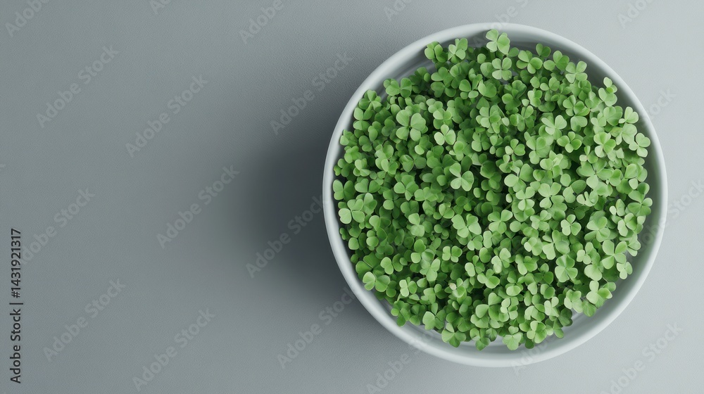 Green confetti fills a white bowl on a gray surface viewed from above. Green confetti fills a white bowl on a gray surface viewed from above.