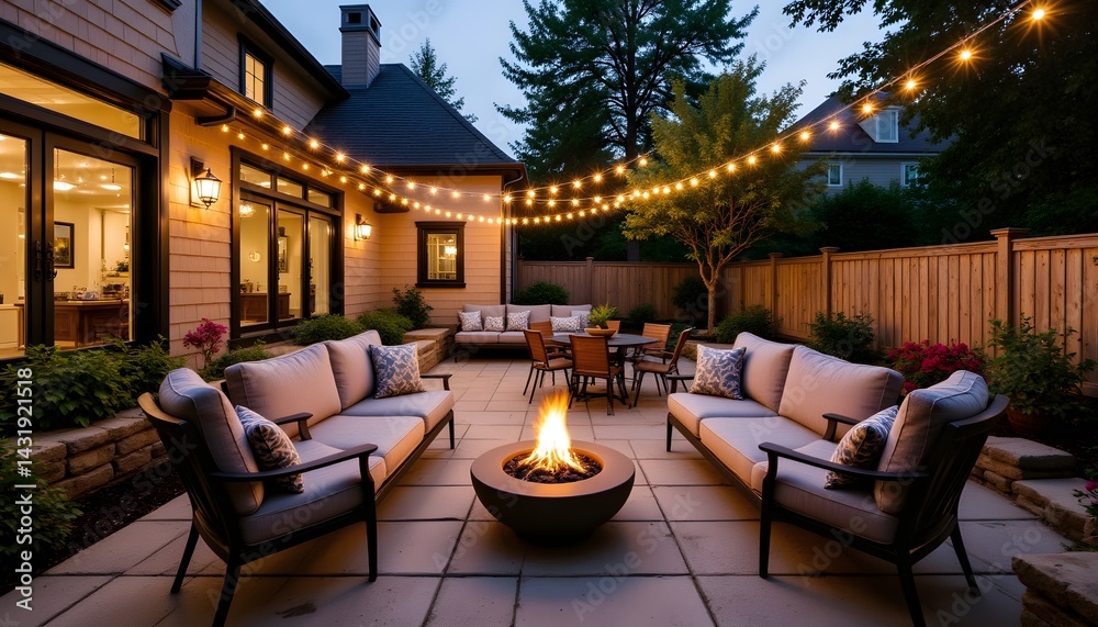 Cozy Outdoor Patio with Fire Pit and String Lights at Dusk Cozy Outdoor Patio with Fire Pit and String Lights at Dusk