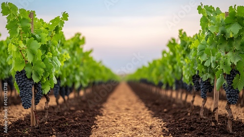 Bountiful Grapevine Rows Swaying Serenely in Vineyard Landscape under a Dreamy Sundown