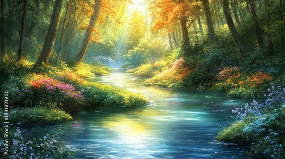 Obraz premium Sunlit forest stream, autumn leaves, tranquil scene, nature wallpaper