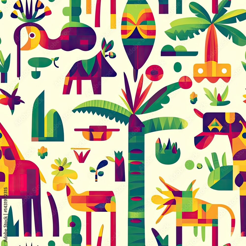 Vibrant Tropical Animal Geometric Pattern: A Colorful Jungle Tapestry of Abstract Wildlife and Lush Foliage Vibrant Tropical Animal Geometric Pattern: A Colorful Jungle Tapestry of Abstract Wildlife and Lush Foliage