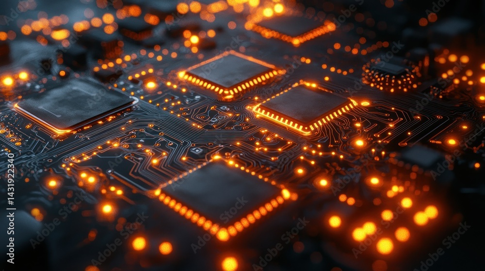 Illuminated Circuit Board: A Close-Up of Technology's Intricate Design Illuminated Circuit Board: A Close-Up of Technology's Intricate Design