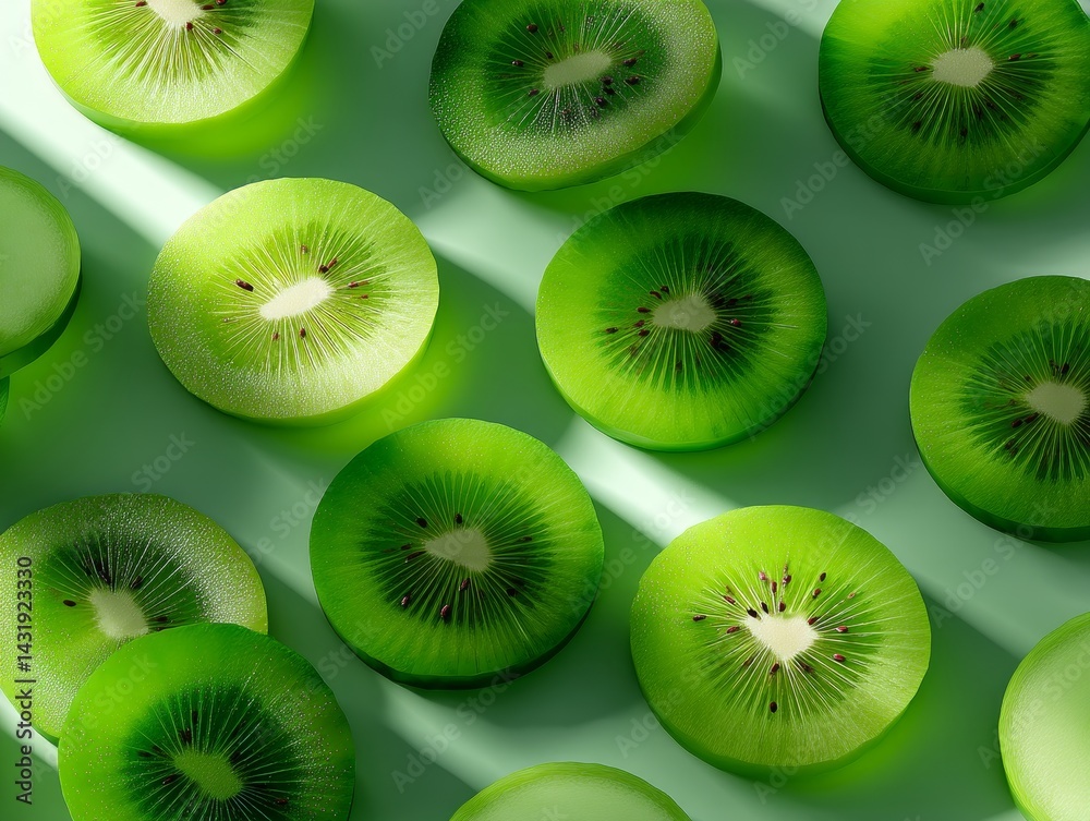 Fototapeta premium Kiwi slices arranged on green background creating refreshing pattern