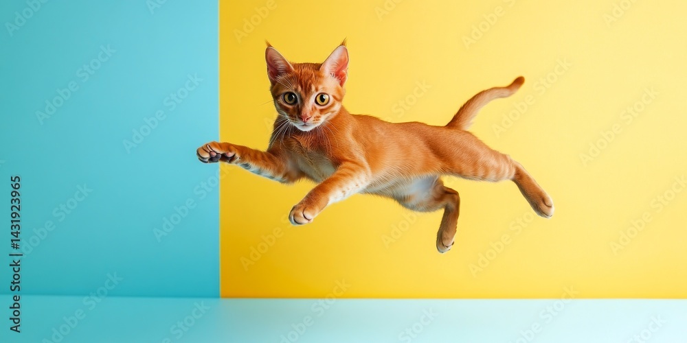 A playful orange cat leaps joyfully against a vibrant background of blue and yellow. This image captures energy and fun. Ideal for pet lovers and joyful design projects. AI