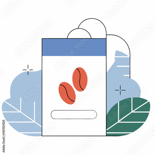 A delightful coffee bag design featuring two roasted beans nestled amidst soft blue and green foliage, creating a calm and inviting atmosphere.