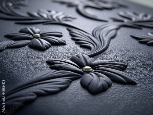 Dark gray leather material with floral embossed pattern exhibiting luxury and elegance