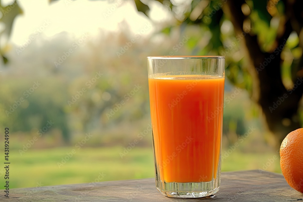 Orange juice in glass outdoors Orange juice in glass outdoors