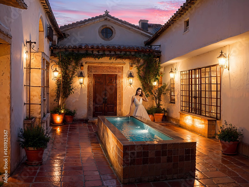 woman in serene tiled courtyard in Spanish colonial style mansion