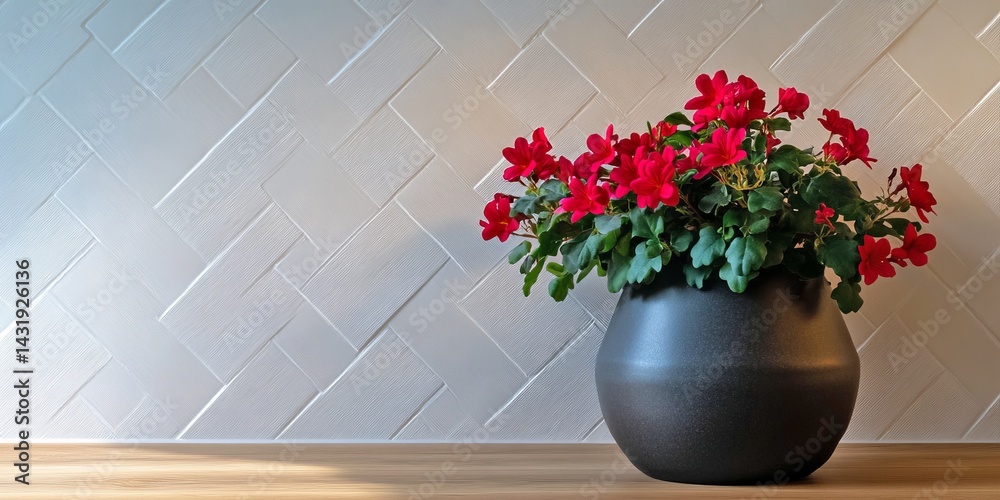 A beautiful arrangement of vibrant red flowers in a sleek black pot adds a lively touch to a modern setting. This image captures elegance and warmth in home decor. AI