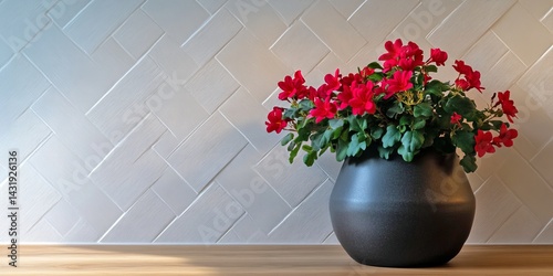 Obraz na płótnie A beautiful arrangement of vibrant red flowers in a sleek black pot adds a lively touch to a modern setting. This image captures elegance and warmth in home decor. AI w salonie