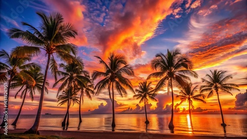 Tropical Sunset Ocean Palm Trees Silhouette Night Photography Stock Photo